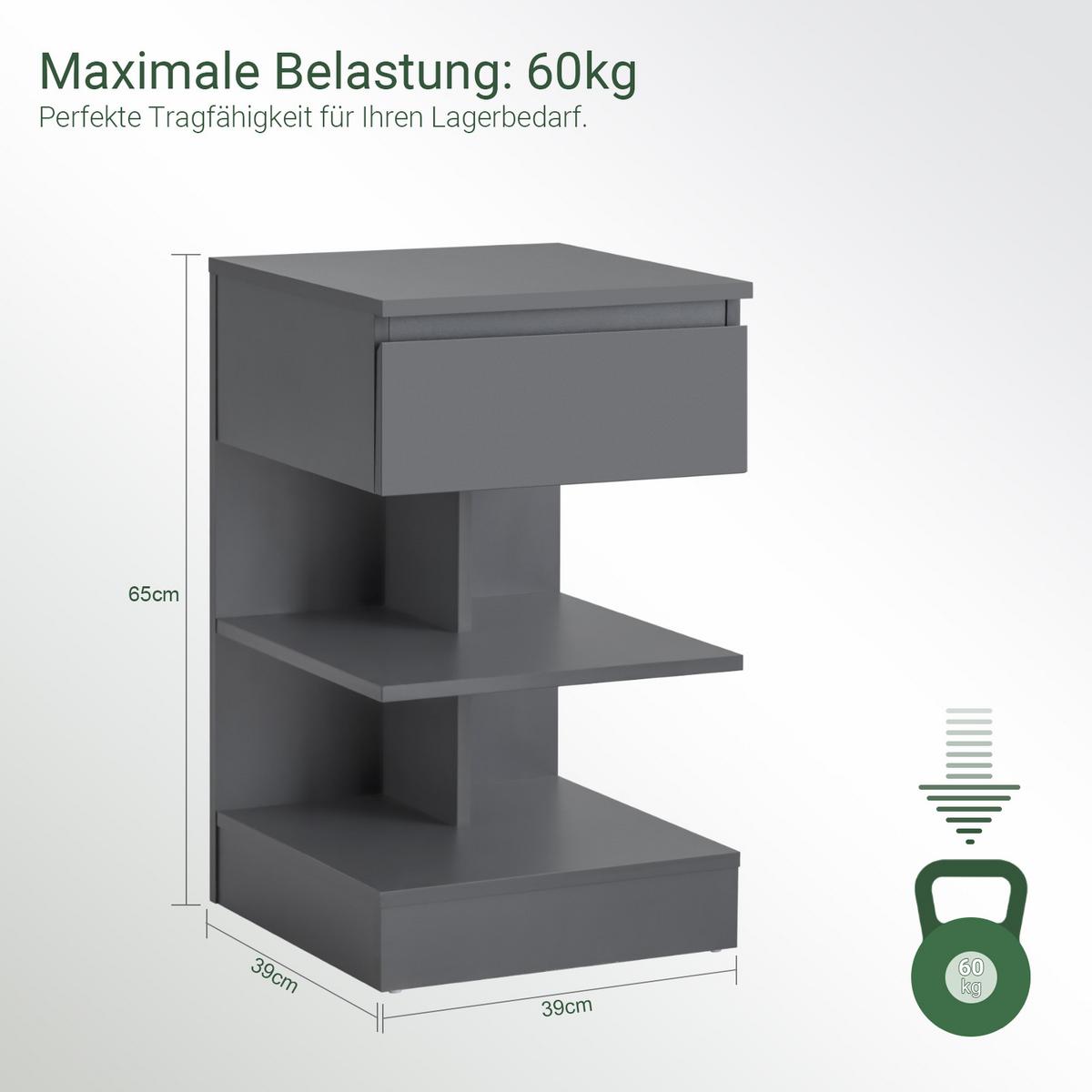 NACHTTISCH Grau - Hellgrau, Holzwerkstoff (39/65/39cm) - SoBuy