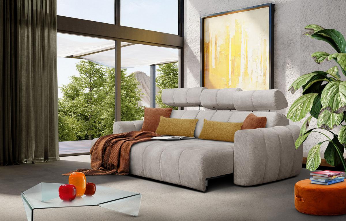 ECKSOFA KIMI 3-Sitzer, ausziehbarer Sitz, verstellbare Kopfstützen, beige - Beige/Schwarz, Holzwerkstoff/Textil (270/160cm) - Wozimo