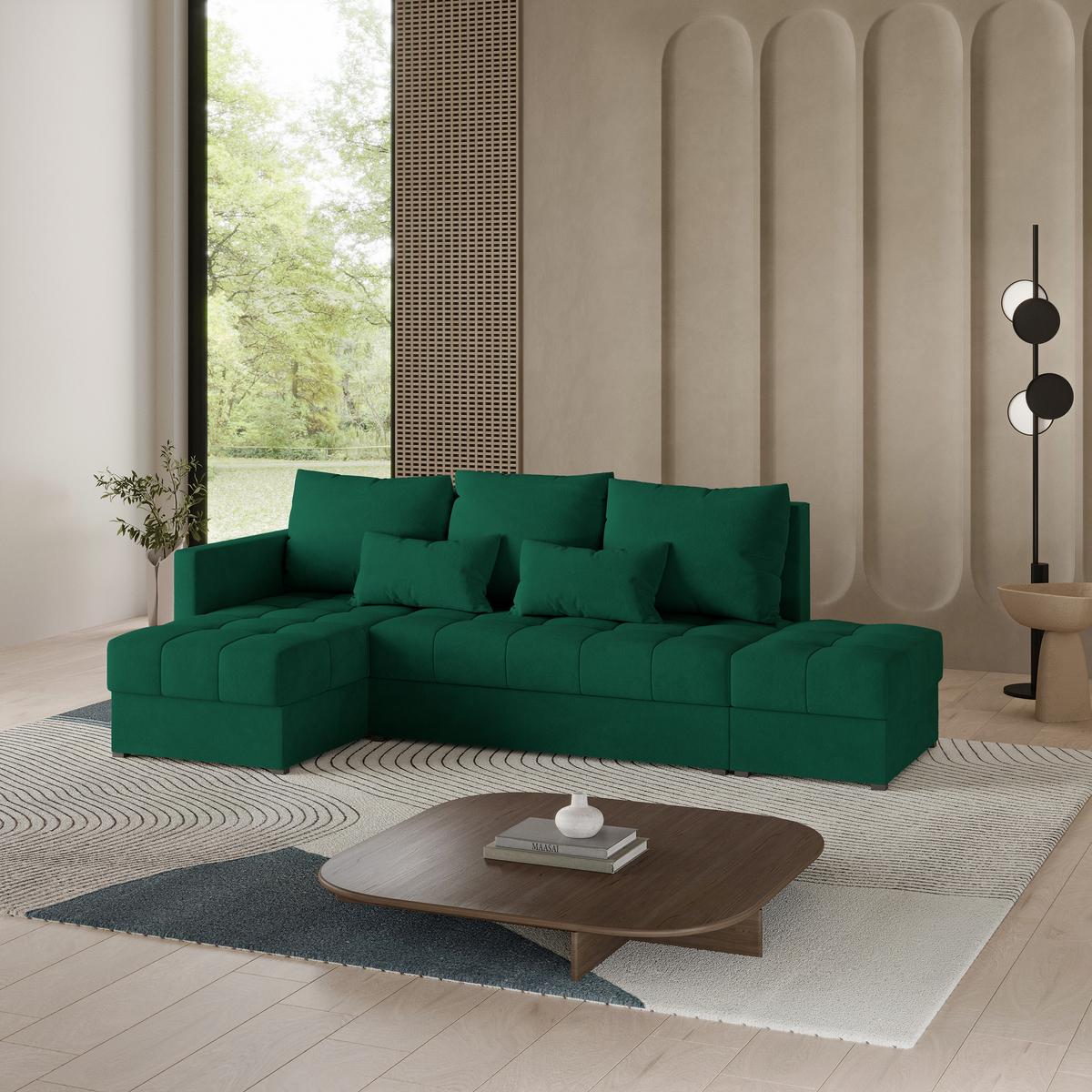 ECKSOFA LUMARI L-S Grün Plüsch-Stoff mit Schlaffunktion - Grün, Holz (262/143cm) - MASSENO