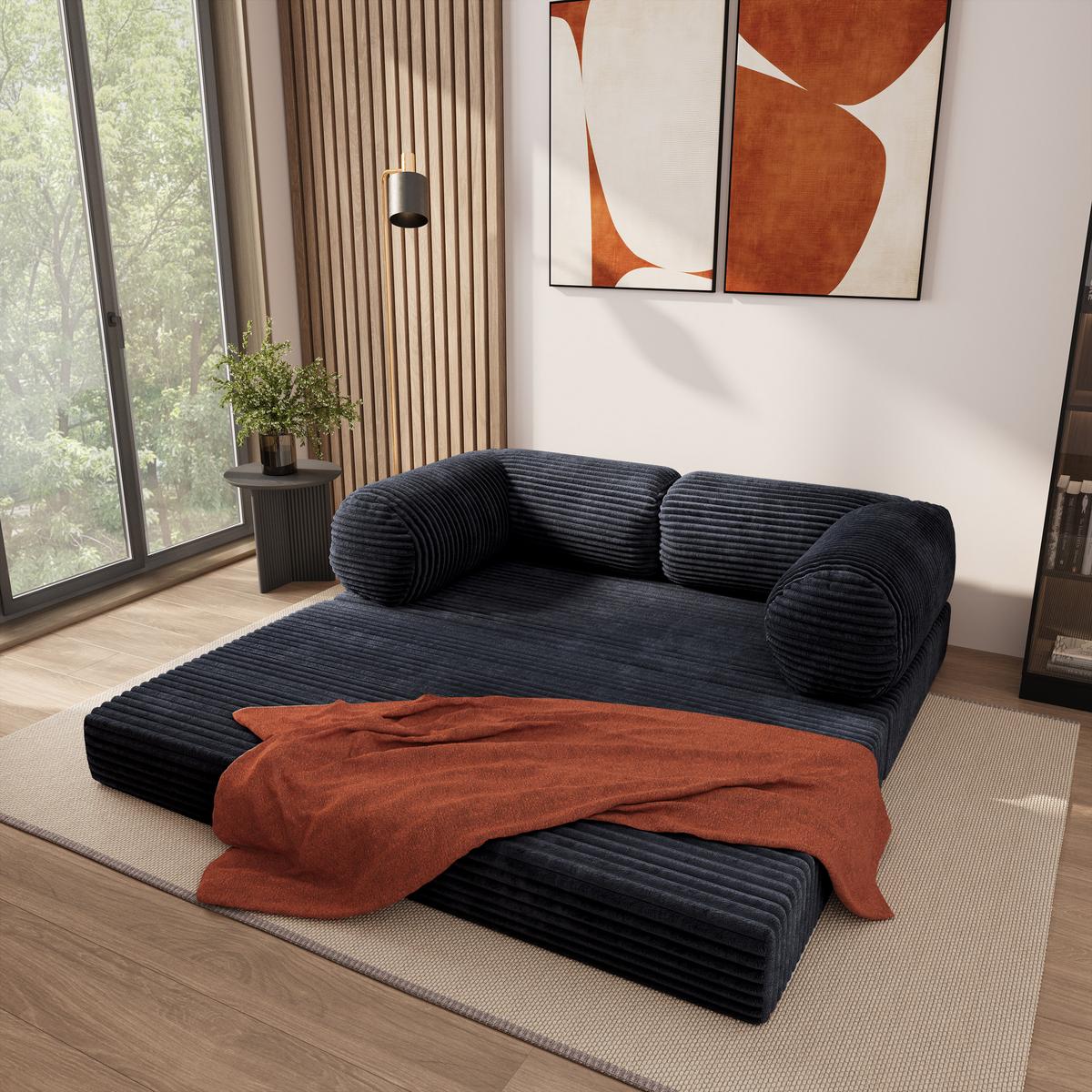 BETTSOFA ALVIO aus Schaumstoff Kordstoff Schwarz Schlaffunktion - Schwarz, Textil (170/68/80cm) - MASSENO