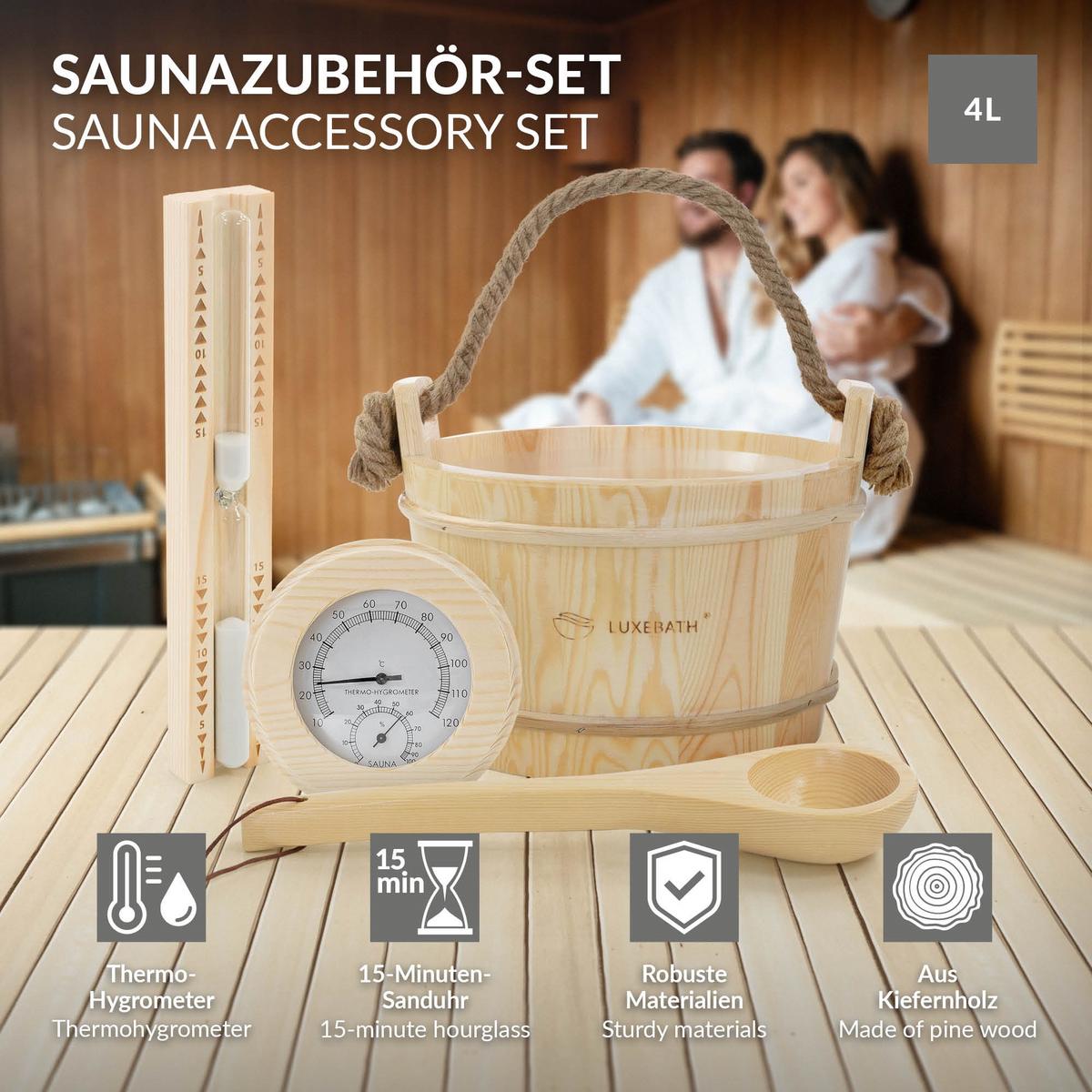 SAUNAZUBEHÖR-SET 4-teilig aus Kiefernholz mit Saunaeimer, Saunakelle, Thermometer-Hygrometer & Sanduhr - Naturfarben, Holz (37/30/27.5cm) - LuxeBath