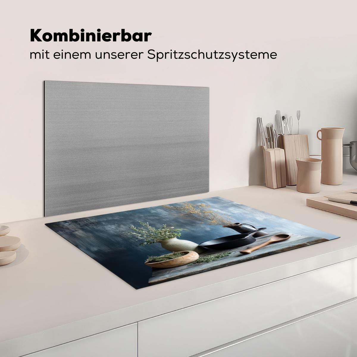 HERDABDECKPLATTE Stilleben - Kräuter - Rustikal Herdabdeckung Induktionsfeld 75x52 cm - Blaugrau, Kunststoff (75/52/0.2cm) - MuchoWow