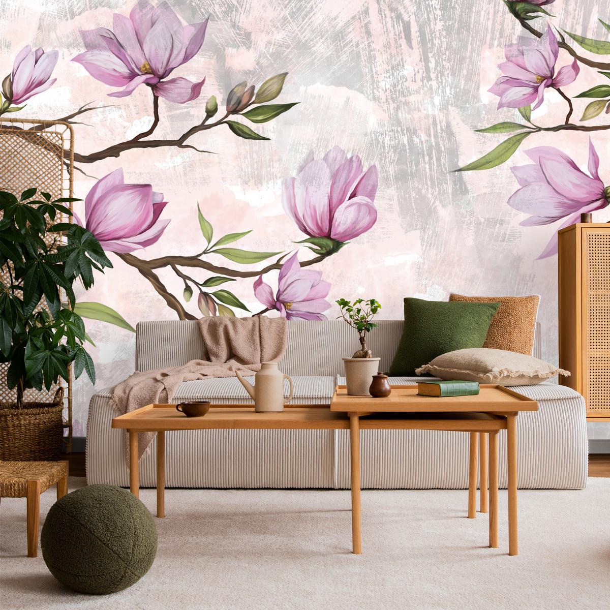 FOTOTAPETE für Schlafzimmer Rosa Magnolienblüten Botanisch 300x210 - Beige/Violett, Papier (300/210cm) - Muralo