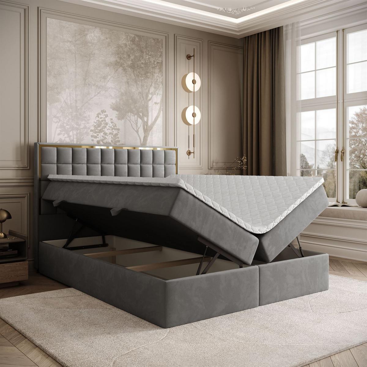 BOXSPRINGBETT ISADORA GOLD mit Bettkasten und Topper 140x200 cm Royal Velvet 250 - Grau, Textil - Lookway