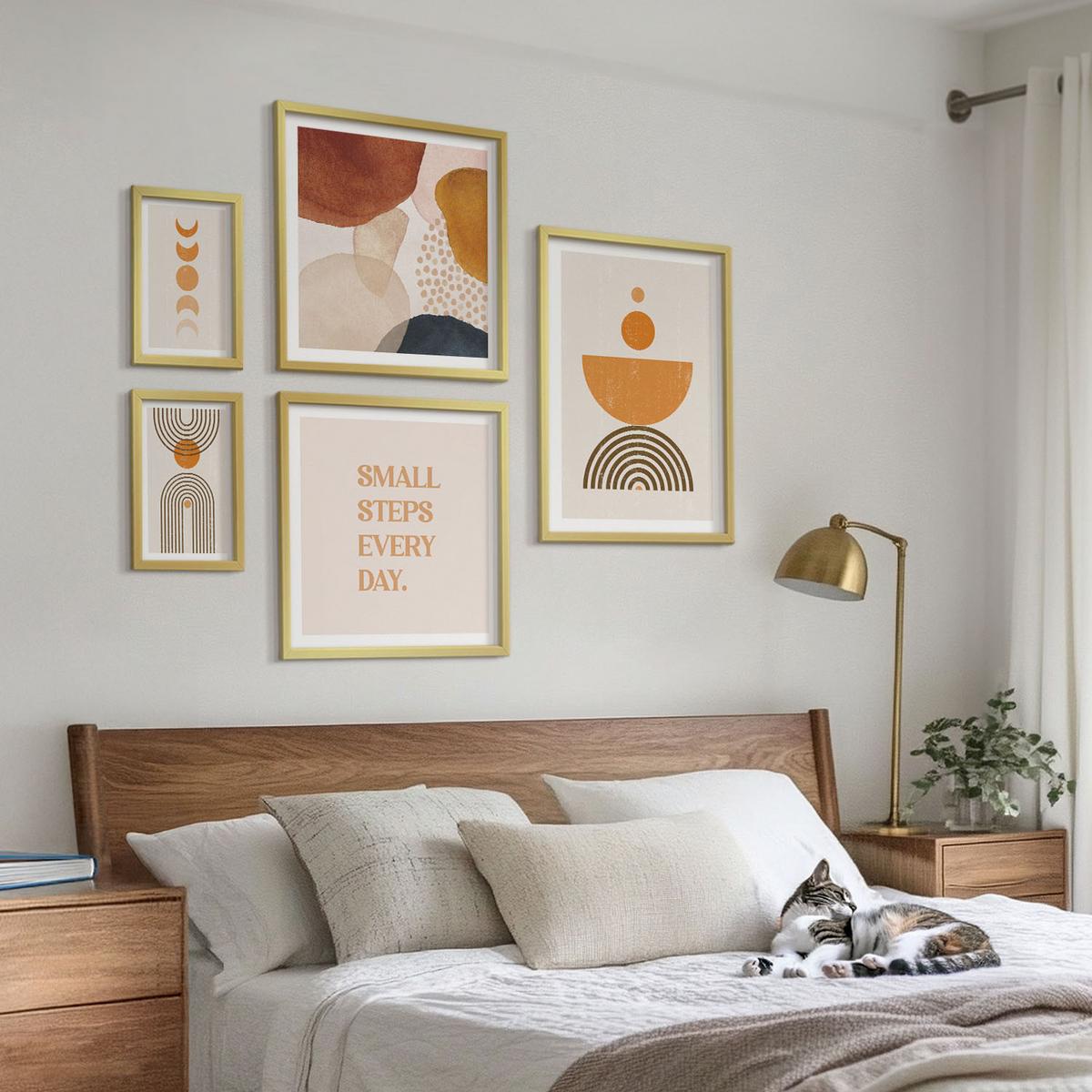 BILDER SET 5er Set - 50x50 cm & 20x30 cm & 40x60 cm Goldrahmen - Boho-minimalistische Dekorationen - Goldfarben, Kunststoff (40/60cm) - TULUP