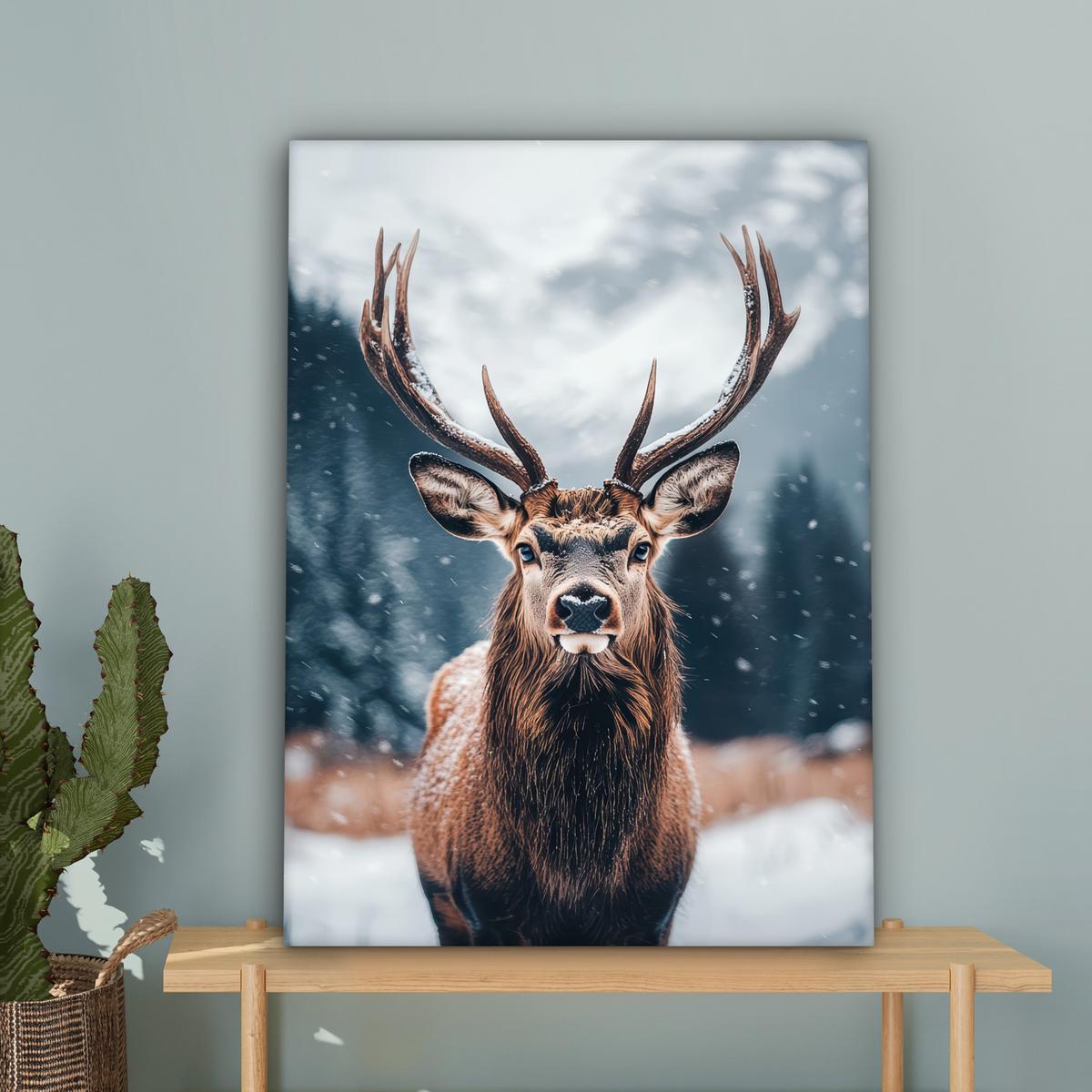 LEINWANDBILD Hirsche - Tiere - Landschaft - Winter - Schnee Wandbild Wohnzimmer 60x80 cm - Kastanienfarben, Textil (60/80cm) - MuchoWow