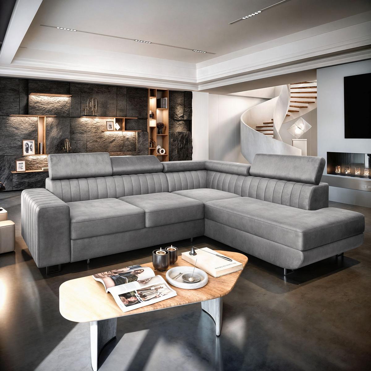 ECKSOFA NOLA R-S Hellgrau Velours-Stoff mit Schlaffunktion - Silberfarben/Hellgrau, Holz/Textil (253/190cm) - MASSENO