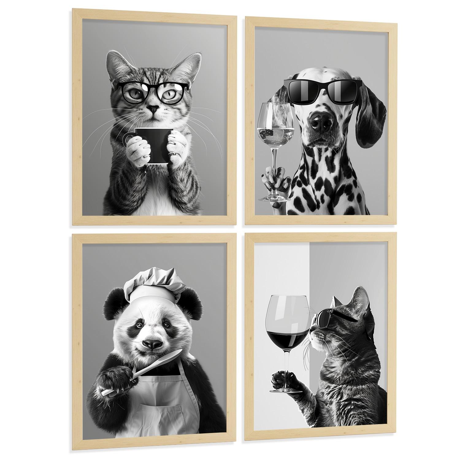 POSTER 4er Set Lustige Tiere mit Brille Wandbilder Katze Dalmatiner Panda Koch Schwarz Weiß Küche Deko Leichter Holzrahmen A3 - Beige, Papier (29.7/1/42cm) - Nacnic