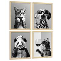 POSTER 4er Set Lustige Tiere mit Brille Wandbilder Katze Dalmatiner Panda Koch Schwarz Weiß Küche Deko Leichter Holzrahmen A3 - Beige, Papier (29.7/1/42cm) - Nacnic