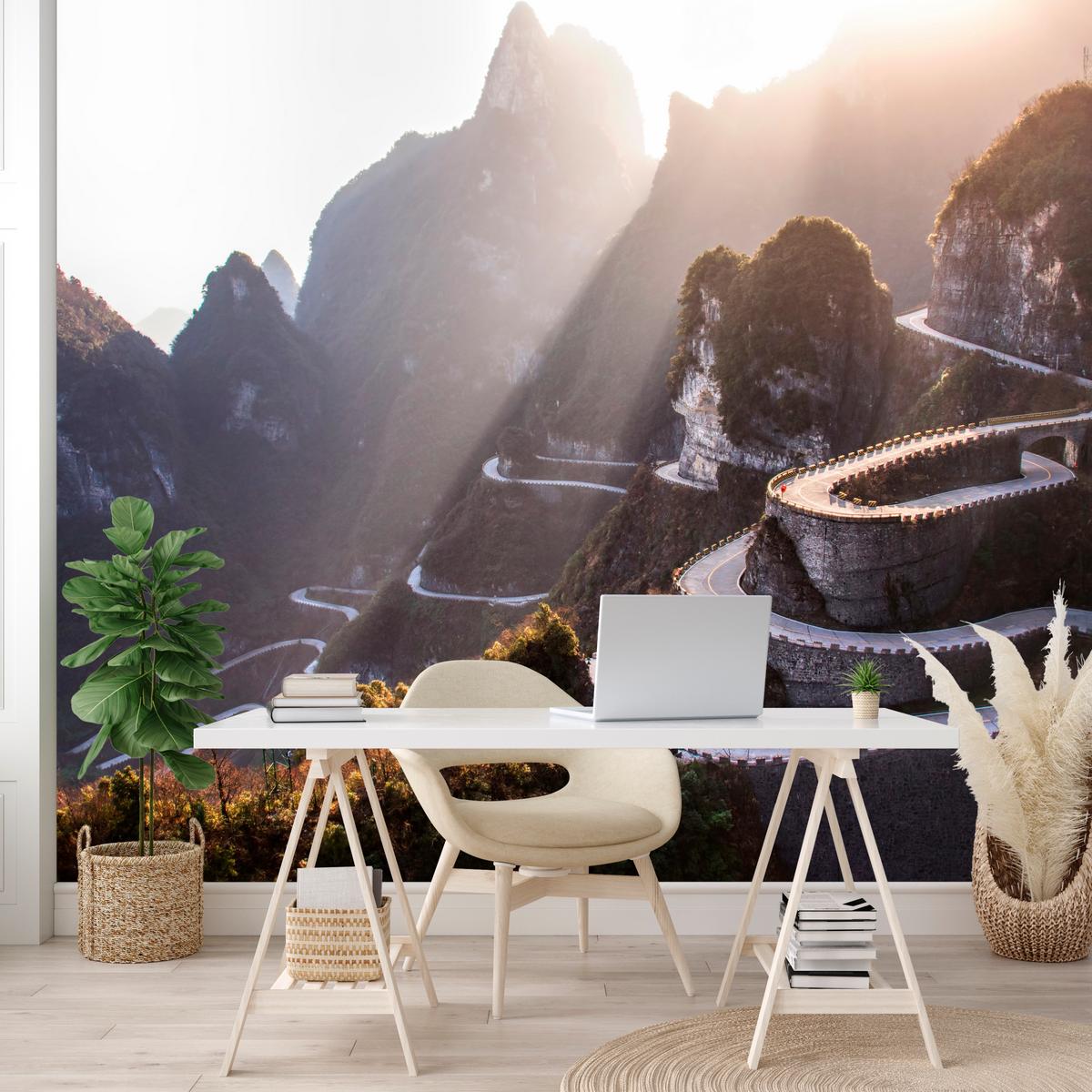 FOTOTAPETE für Wohnzimmer Felsige Bergstraße Sonnenuntergang 350x256 - Beige/Gelb, Papier (350/256cm) - Muralo
