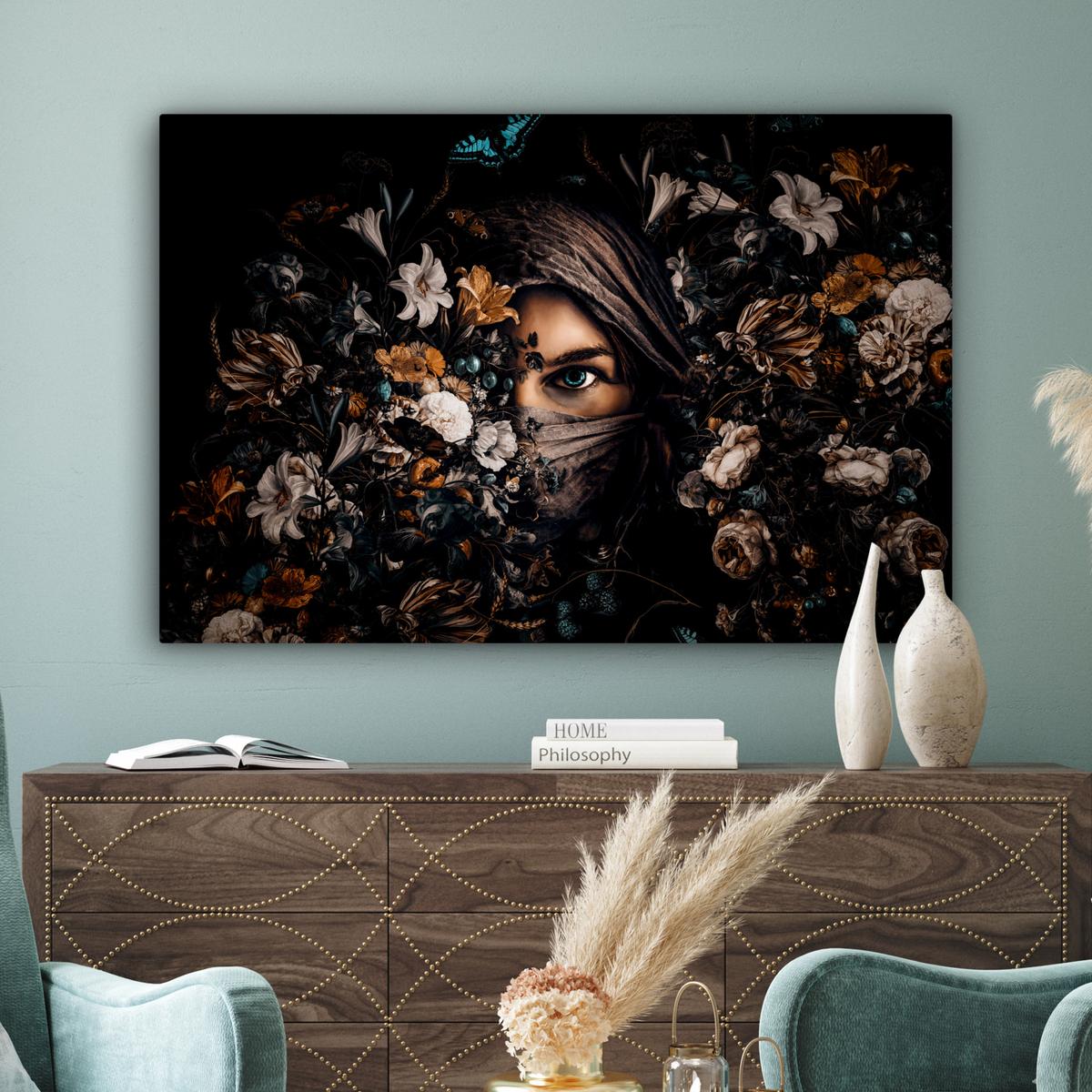 LEINWANDBILD Frau - Luxus - Blumen - Schmetterling - Porträt XXL 150x100 cm - Schwarz, Textil (150/100cm) - MuchoWow