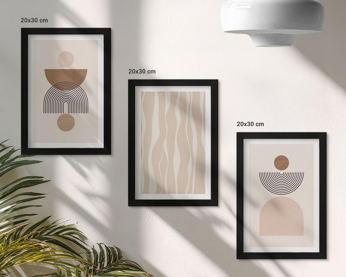 BILDER SET 3er Set - 20x30 cm Schwarzer Rahmen - Abstrakte Formen braun beige - Schwarz, Kunststoff (20/30cm) - TULUP