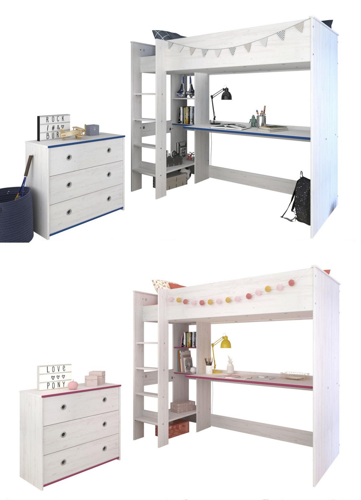 JUGENDZIMMER Set Hochbett 90 x 200 Schreibtisch und Kommode - Weiß/Grau, Holz/Holzwerkstoff (206/180/108cm) - Parisot Meuble