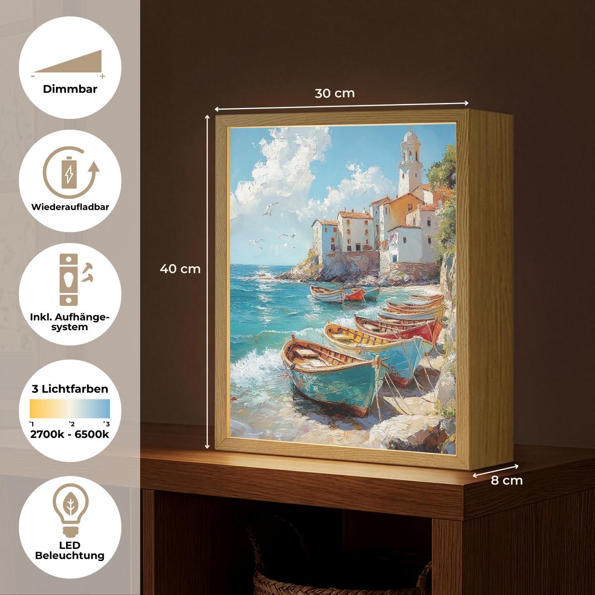 WANDLEUCHTE MIT AKKU Boote - Felsen - Meer - Sonne 30x40 cm - Blau, Holzwerkstoff (30/40/8cm) - OnlyWow