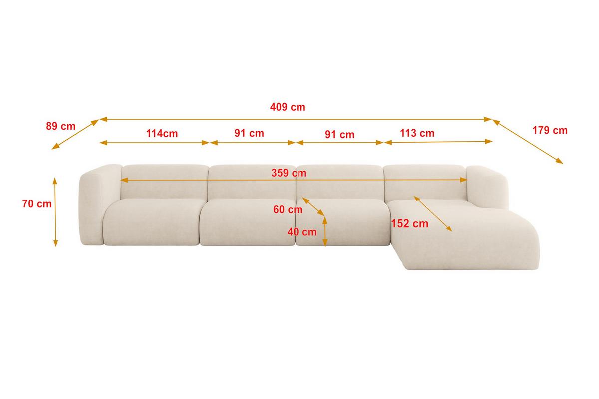 ECKSOFA Ottomane Rechts MIRA-L3 409x179x70 Beige Velours - Greige/Beige, Holzwerkstoff/Kunststoff (409/179cm) - ALTDECOR