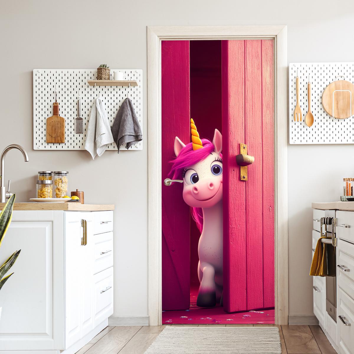 TÜRAUFKLEBER Einhorn - Rosa - Tür - Fantasie 90x215 cm - Türtapete - Pink, Kunststoff (90/0.1cm) - MuchoWow