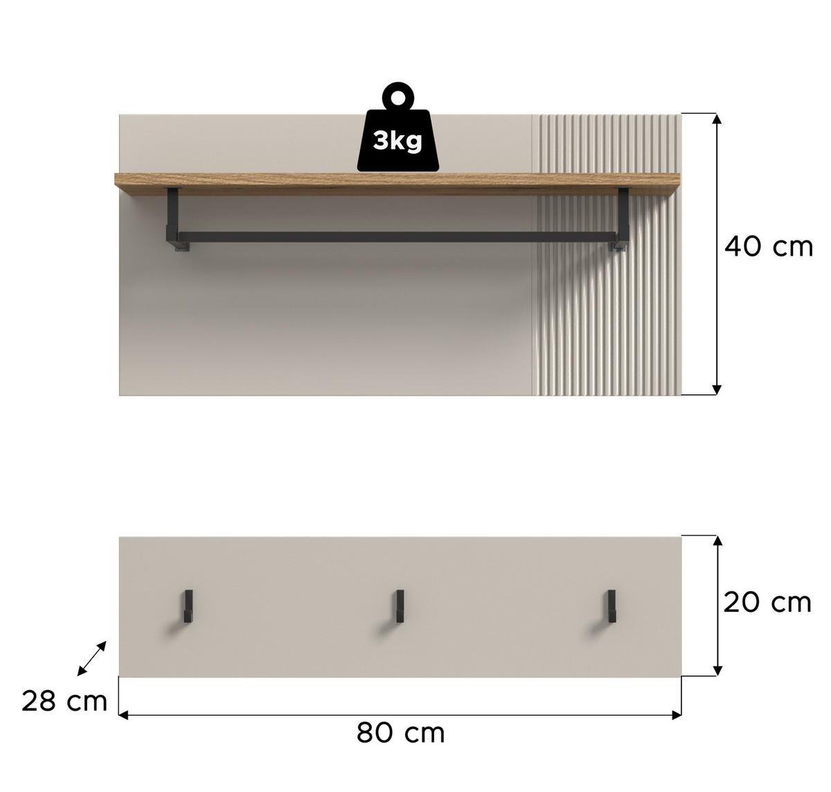 GARDEROBENPANEEL Kaschmir Sand und Eiche Evoke, Wandgarderobe Set 2-teilig 80 cm - Kaschmir/Eichefarben, Holzwerkstoff/Metall (80/80/28cm) - Inn.Furn
