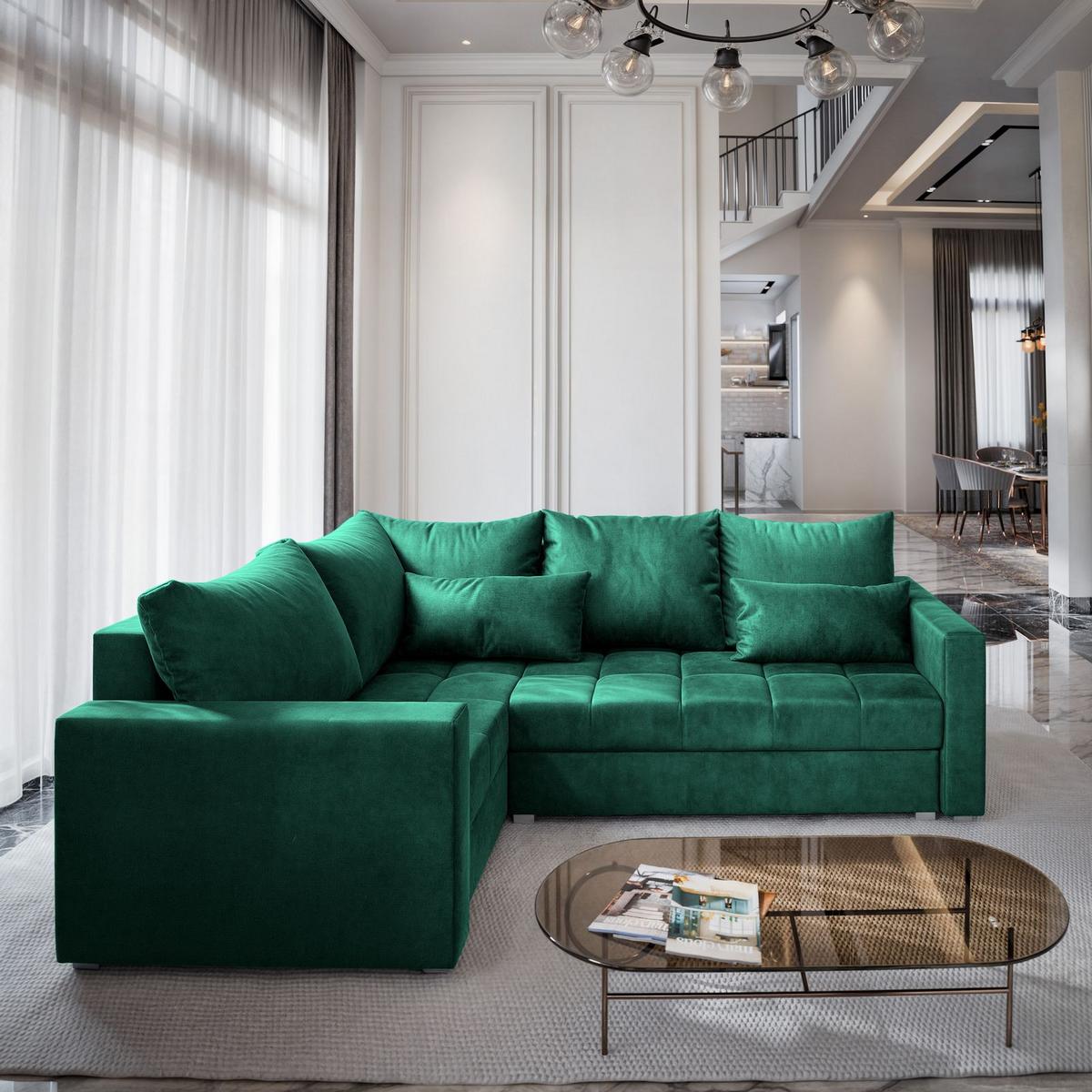 ECKSOFA LIRENO L-S Grün Plüsch-Stoff mit Schlaffunktion - Grau/Grün, Holz/Kunststoff (220/153cm) - MASSENO
