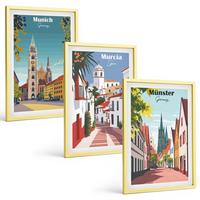 BILDER SET 3er Set - 40x60 cm Goldrahmen - Europäische Städte in farbigen Zeichnungen - Goldfarben, Kunststoff (40/60cm) - TULUP