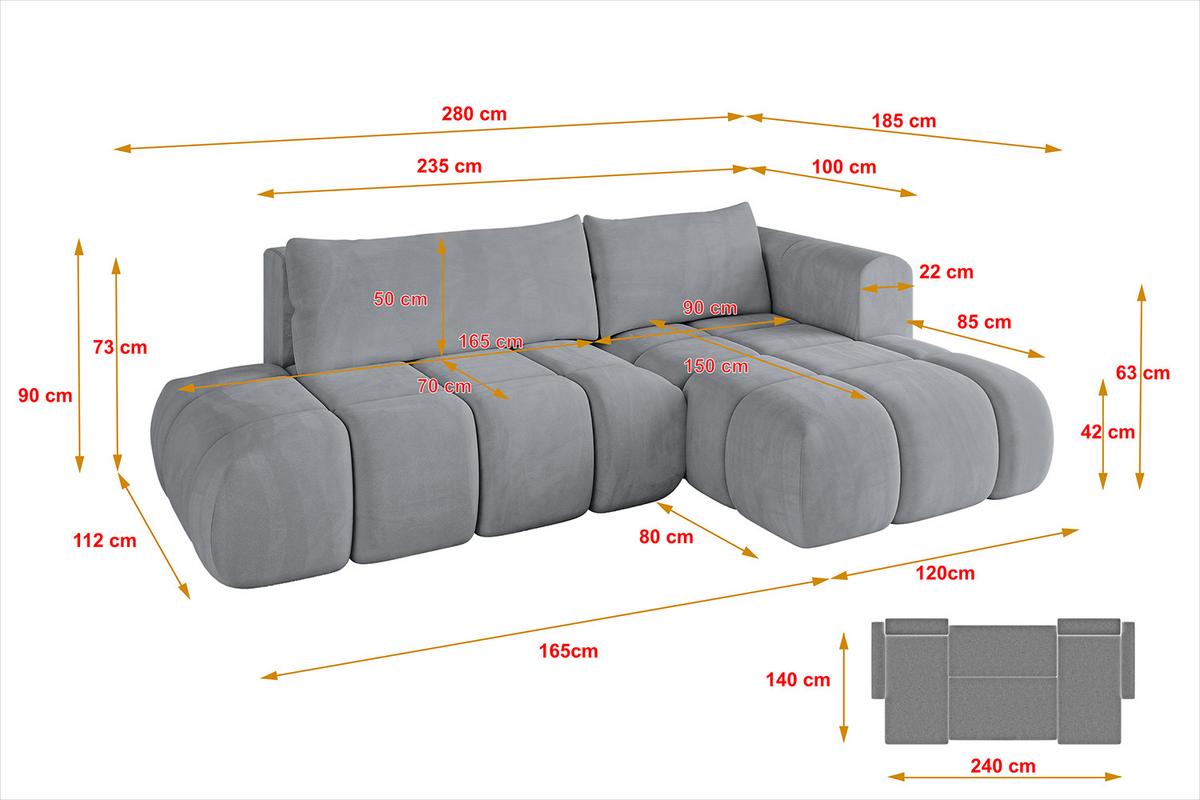 ECKSOFA Ottomane Rechts CLOUD-L 280x185x90 Hellgrau Velours - Hellgrau, Holzwerkstoff/Kunststoff (185/280cm) - ALTDECOR