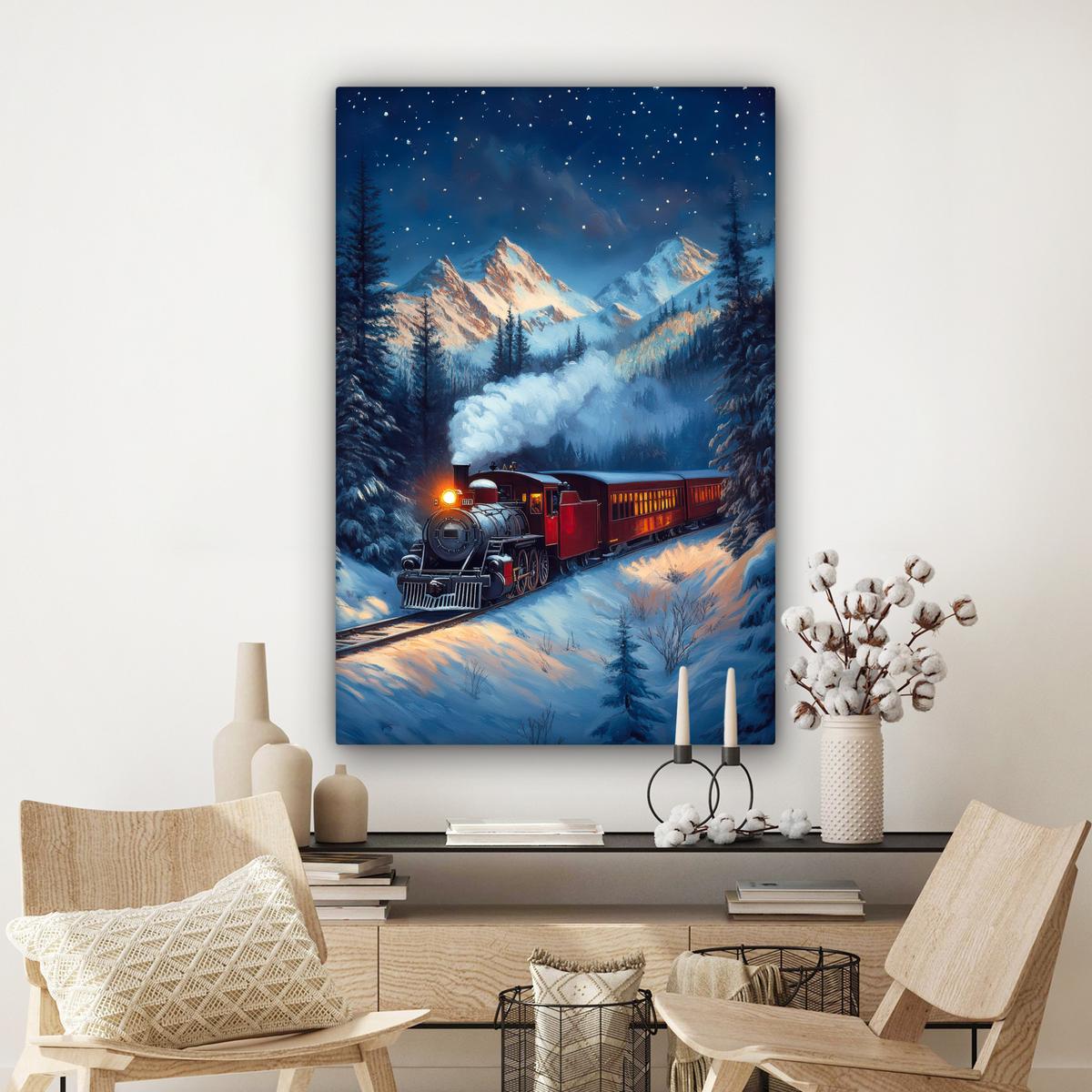 LEINWANDBILD Zug - Weihnachten - Schnee - Weihnachtszug Deko XXL 80x120 cm - Anthrazit, Textil (80/120cm) - MuchoWow