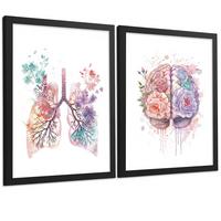 POSTER Set aus 2 Anatomie Mensch Drucke und mit Lungen Luftröhre Bronchien und Gehirn Pastellfarbenes Florales Aquarell Größe Schwarzer Rahmen A3 - Schwarz, Papier (29.7/42/3cm) - Nacnic