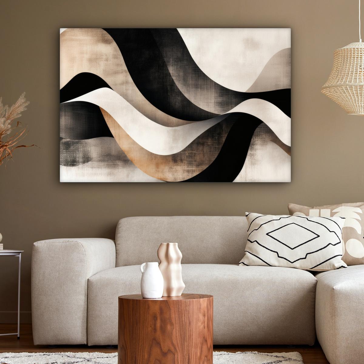 LEINWANDBILD Abstrakt - Wellen - Schwarz - Verwittert Wohnzimmer Groß 120x80 cm - Trüffeleichefarben, Textil (120/80cm) - MuchoWow