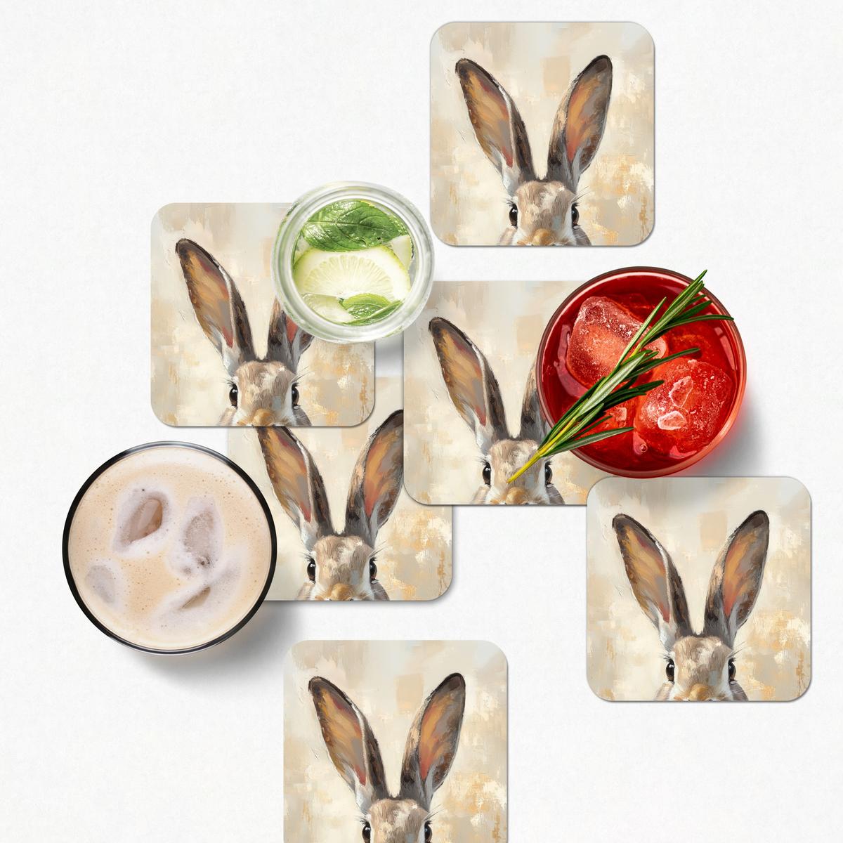 GLASUNTERSETZER 6er-Set Hase - Ohren - Braun Zubehör für Getränke 10x10 cm - Beige, Naturmaterialien (10/0.2cm) - MuchoWow
