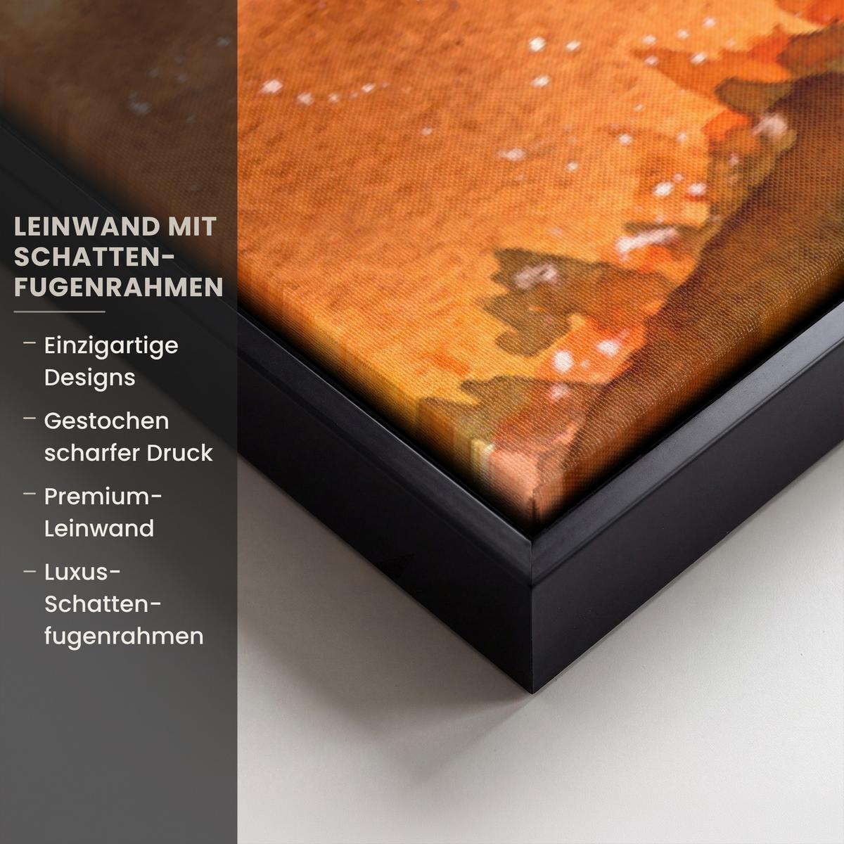 LEINWAND Bilder mit Rahmen - Natur - Ölfarbe - Hirsche - Tiere - Herbst - Orange - 120x80 - Orange, Textil (120/80cm) - MuchoWow
