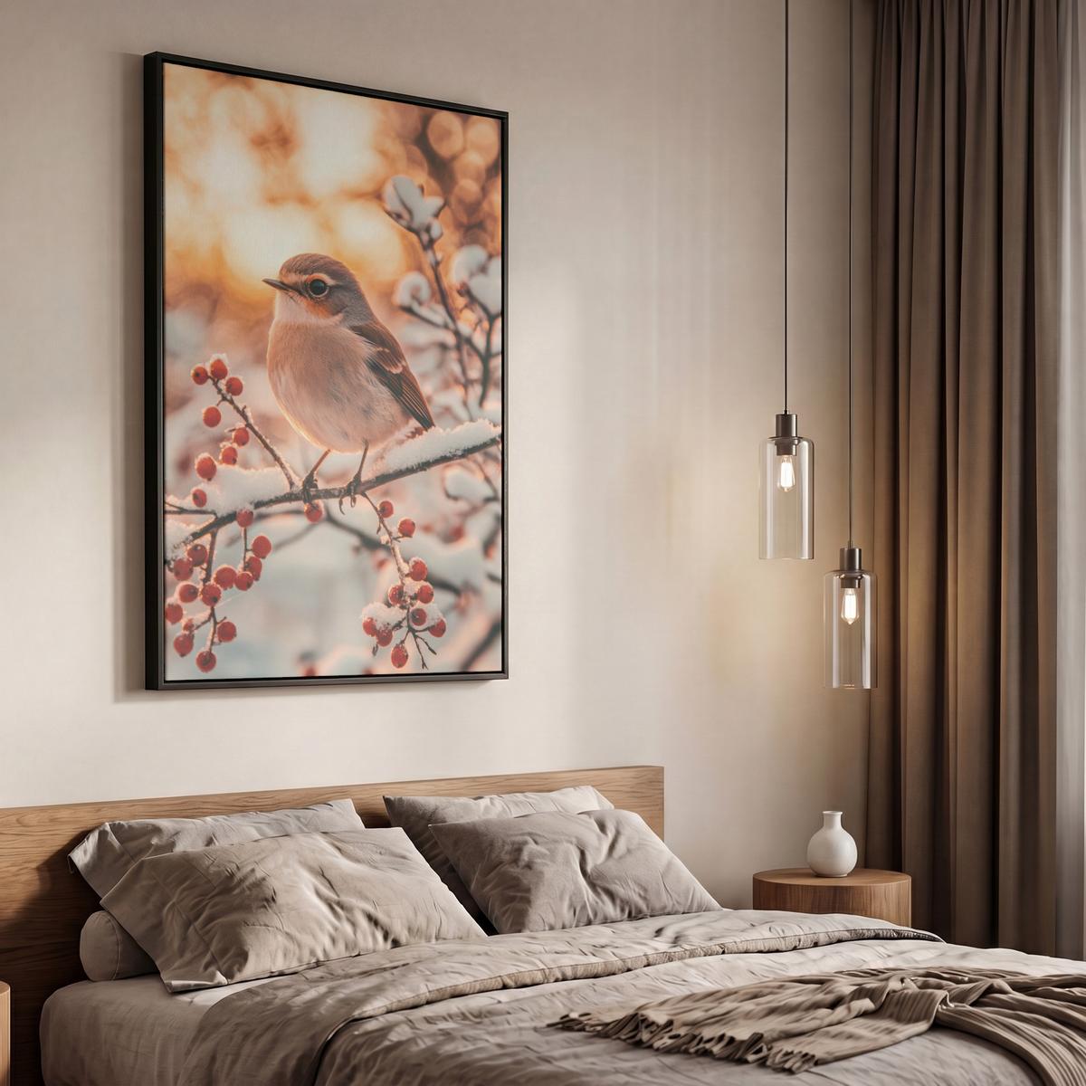 LEINWAND Bilder mit Rahmen - Vogel - Zweig - Winter - Tiere - Schnee - 60x90 - Bernsteinfarben, Textil (60/90cm) - MuchoWow