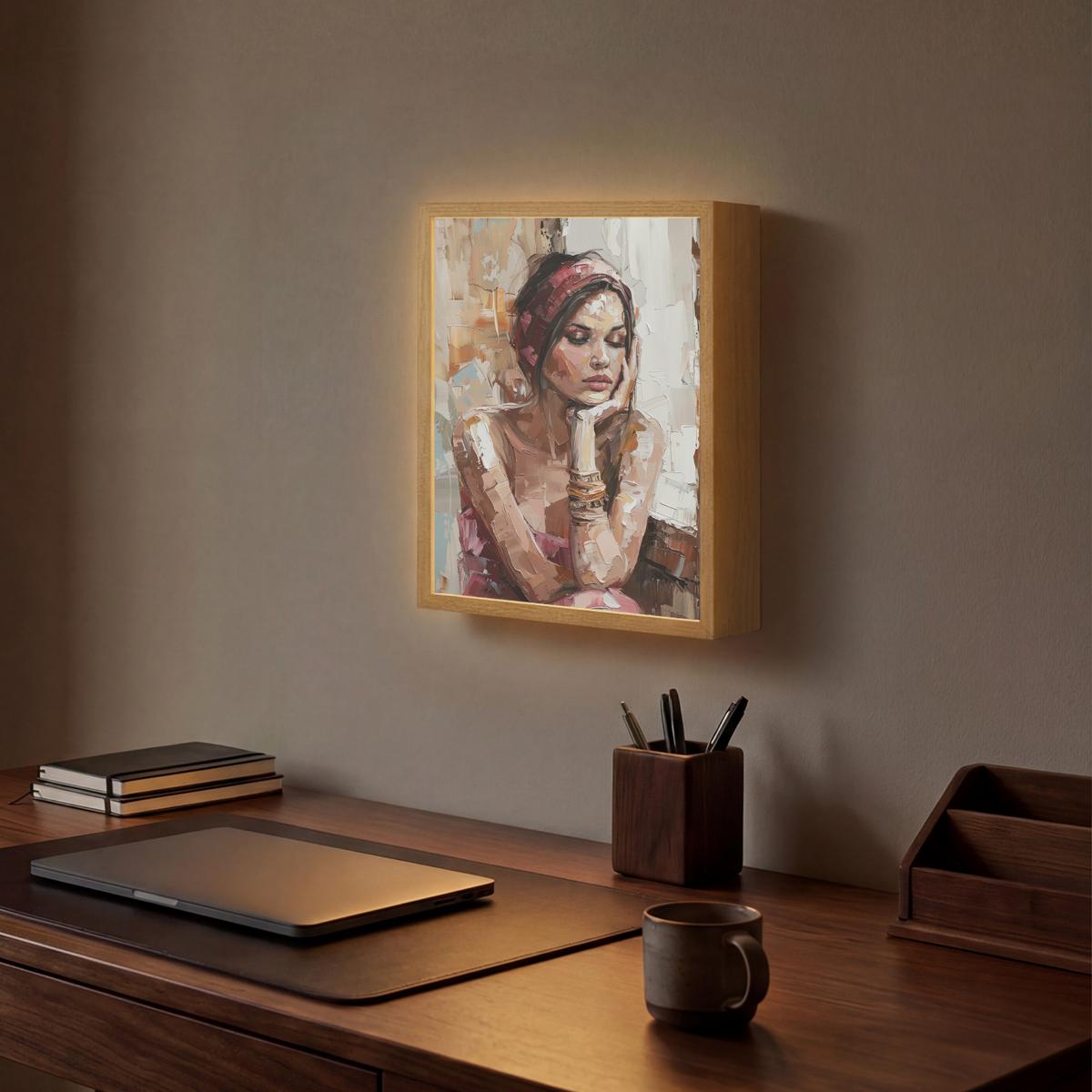 WANDLEUCHTE MIT AKKU Frau - Lackierung - Porträt - Modern 30x40 cm - Braun, Holzwerkstoff (30/40/8cm) - OnlyWow