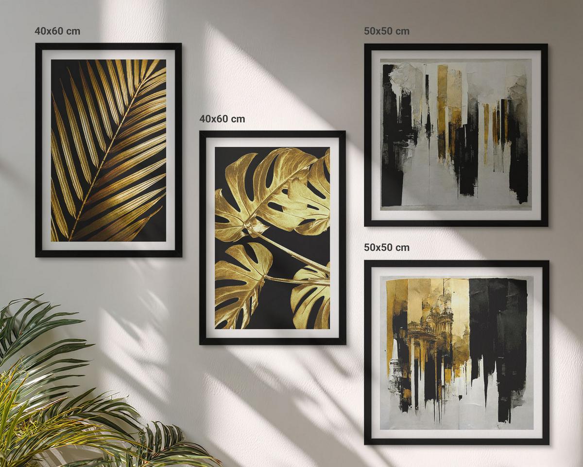 BILDER SET 4er Set - 50x50 cm & 40x60 cm Schwarzer Rahmen - Abstrakte Monstera-Palmenblätter - Schwarz, Kunststoff (50/50cm) - TULUP