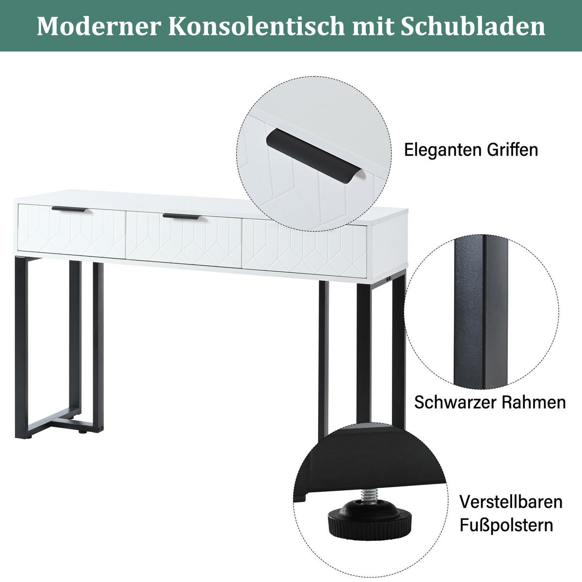 KONSOLENTISCH mdf in weiß & schwarz mit metallgestell, 3 schubladen & verstellbare fußpolster - Weiß, Holzwerkstoff (36/120/80cm) - Urban Meuble