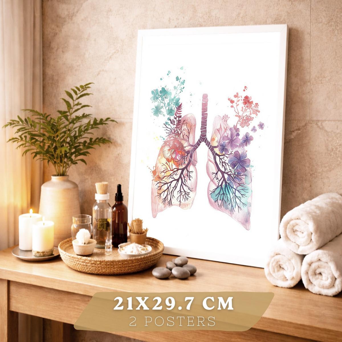 POSTER Set aus 2 Anatomie Mensch Drucke und mit Lungen Luftröhre Bronchien und Gehirn Pastellfarbenes Florales Aquarell Größe Weißer Rahmen A4 - Weiß, Papier (21/29.7/3cm) - Nacnic