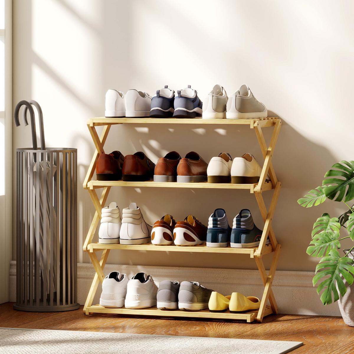 SCHUHREGAL mit 4 Ebenen Schuhablage aus Bambus für 12 Paar Schuhe Natur - Naturfarben, Naturmaterialien/Bambusholz (60/67/29cm) - HOMCOM