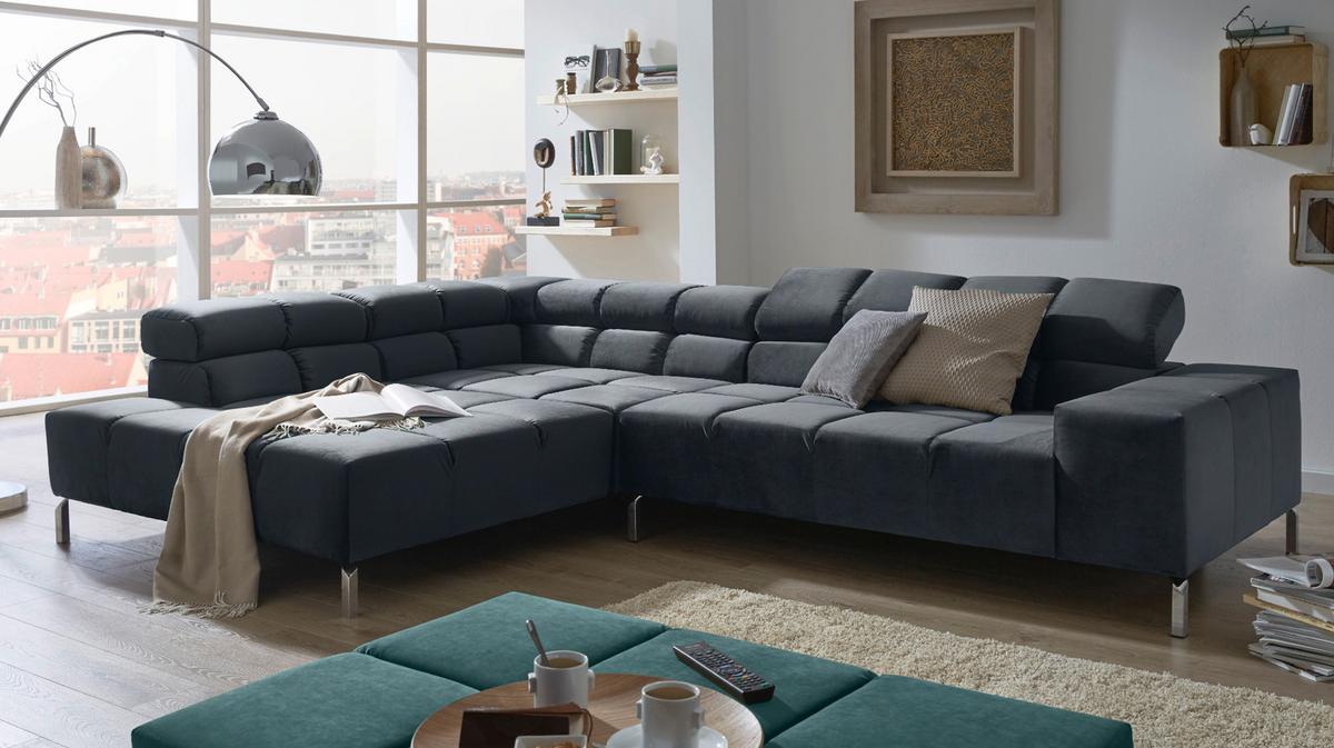 ECKSOFA NELSON Schwarz Velvet - Silberfarben/Schwarz, Textil (321/216cm) - KAWOLA