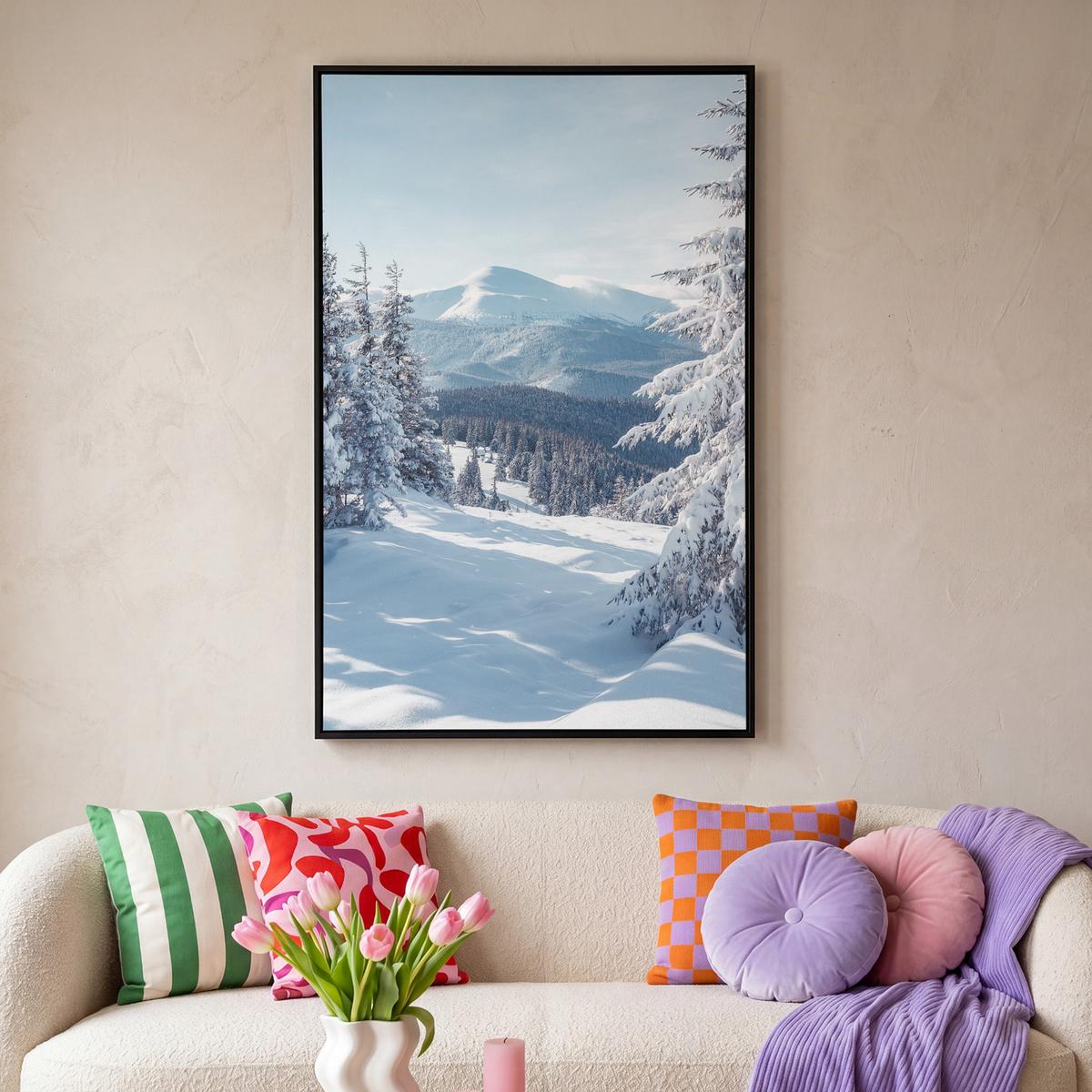 LEINWAND Bilder mit Rahmen - Winterlandschaft - Natur - Berge - Bäume - Schnee - 80x120 - Hellblau, Textil (80/120cm) - MuchoWow