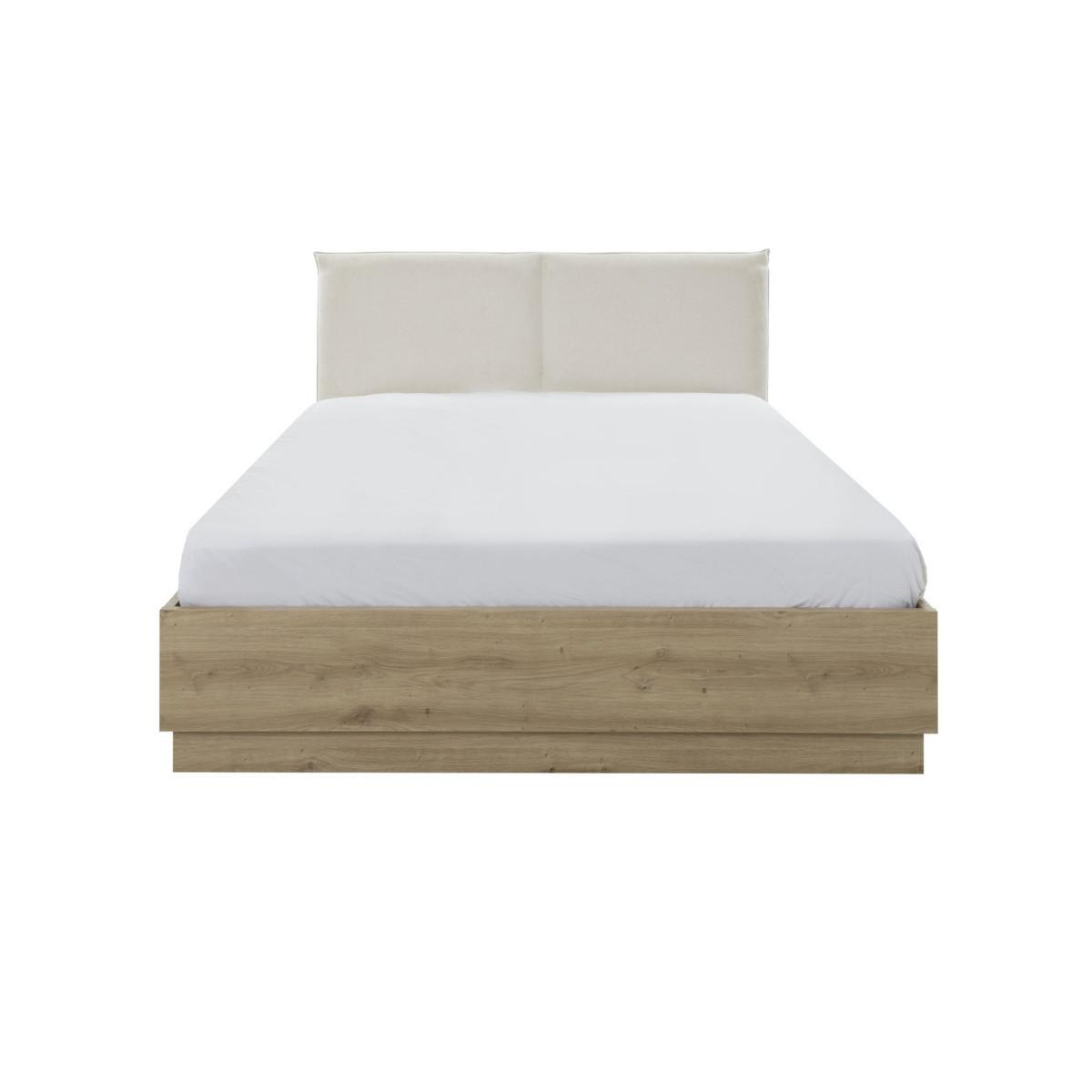 BETTKASTEN mit Kopfteil aus beigefarbenem Stoff 140 x 190 cm Dekor Eiche TIDY 145/196/101 cm - Eschefarben, Holzwerkstoff (190/140cm) - Calicosy