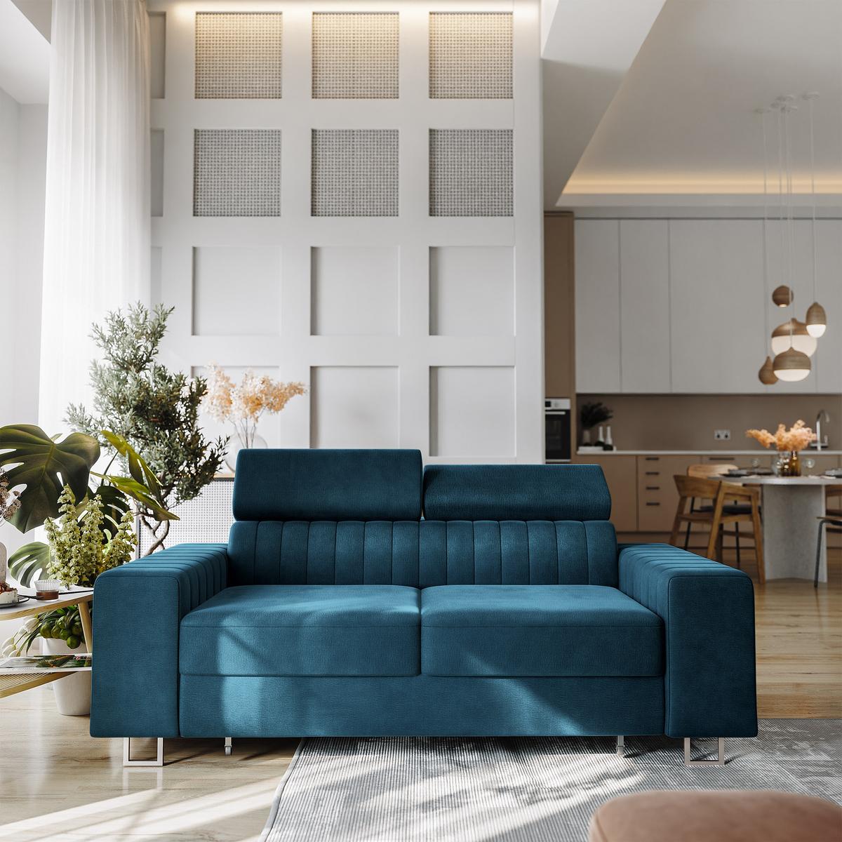 BETTSOFA SOLAN Blau Velours-Stoff mit Schlaffunktion - Blau, Holz/Textil (194/88/90cm) - MASSENO
