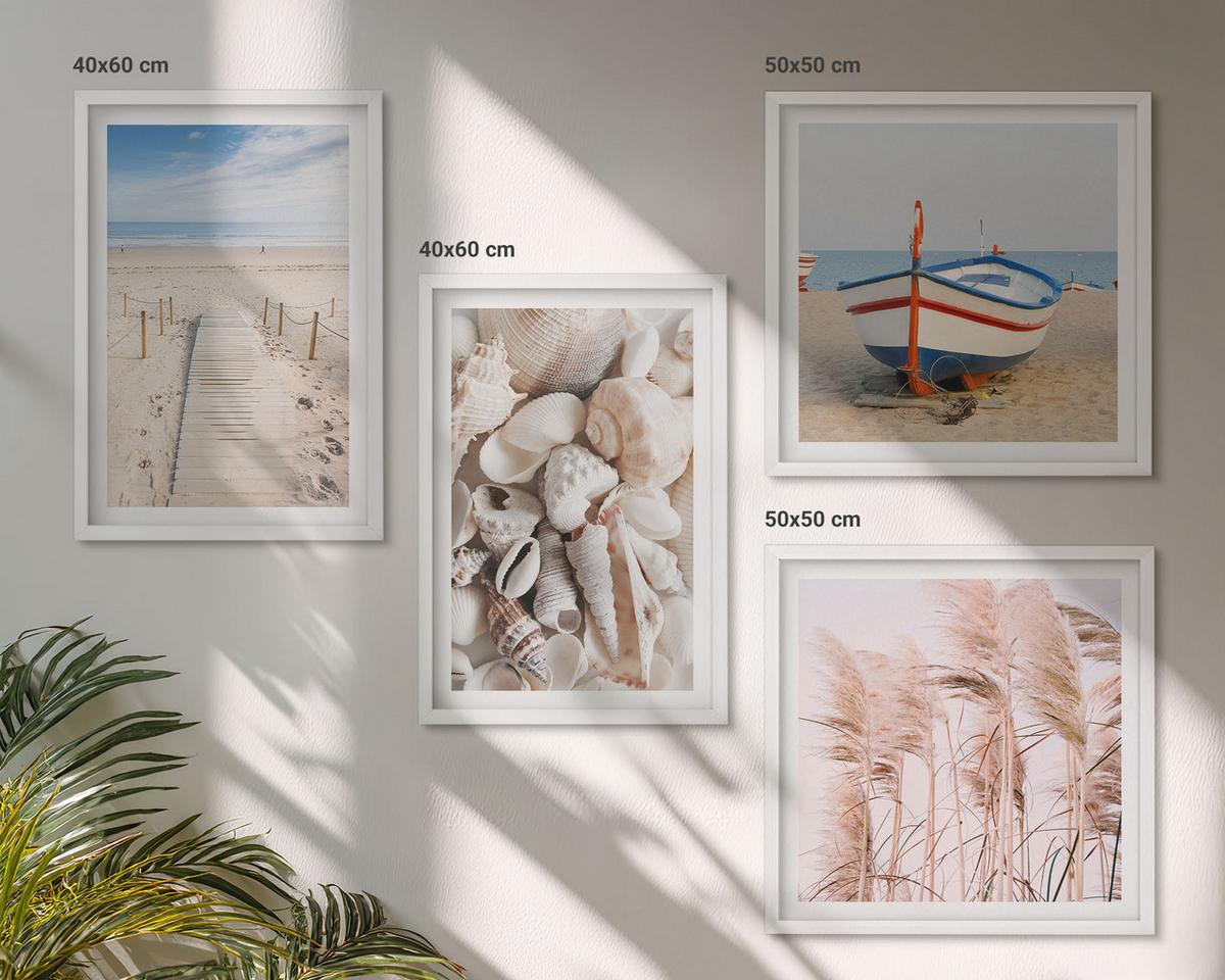 BILDER SET 4er Set - 50x50 cm & 40x60 cm Weißer Rahmen - Strand, Boot, Muscheln, Gras, Boho-Stil - Weiß, Kunststoff (50/50cm) - TULUP