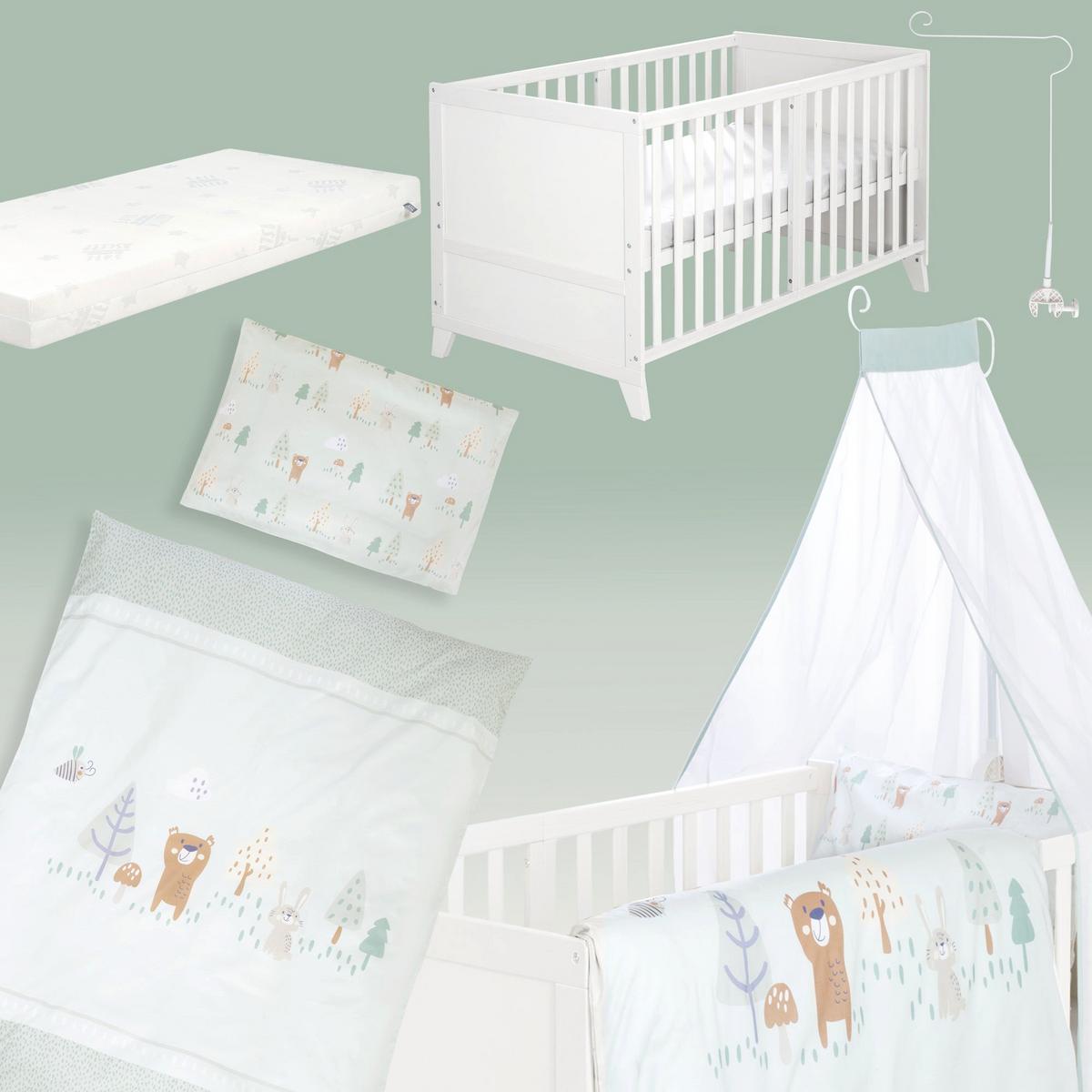 BABYBETTSET 'Wooland Buddies' 70 x 140 inkl. kompletter Ausstattung - Weiß / Pastellgrün - Weiß, Holz (70/140cm) - Roba