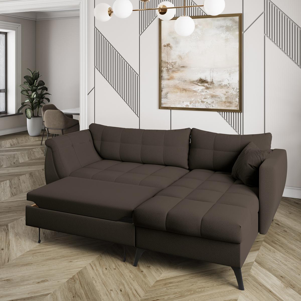 ECKSOFA MOLLIS Braun Geflochtener-Stoff mit Schlaffunktion - Braun, Holz (241/154cm) - MASSENO