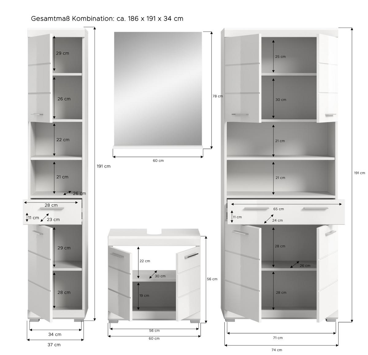 BADMÖBEL-SET weiß Hochglanz 4-teilig 200 cm, Komplettset mit viel Stauraum - Weiß Hochglanz, Glas/Holzwerkstoff (186/191/34cm) - Inn.Furn