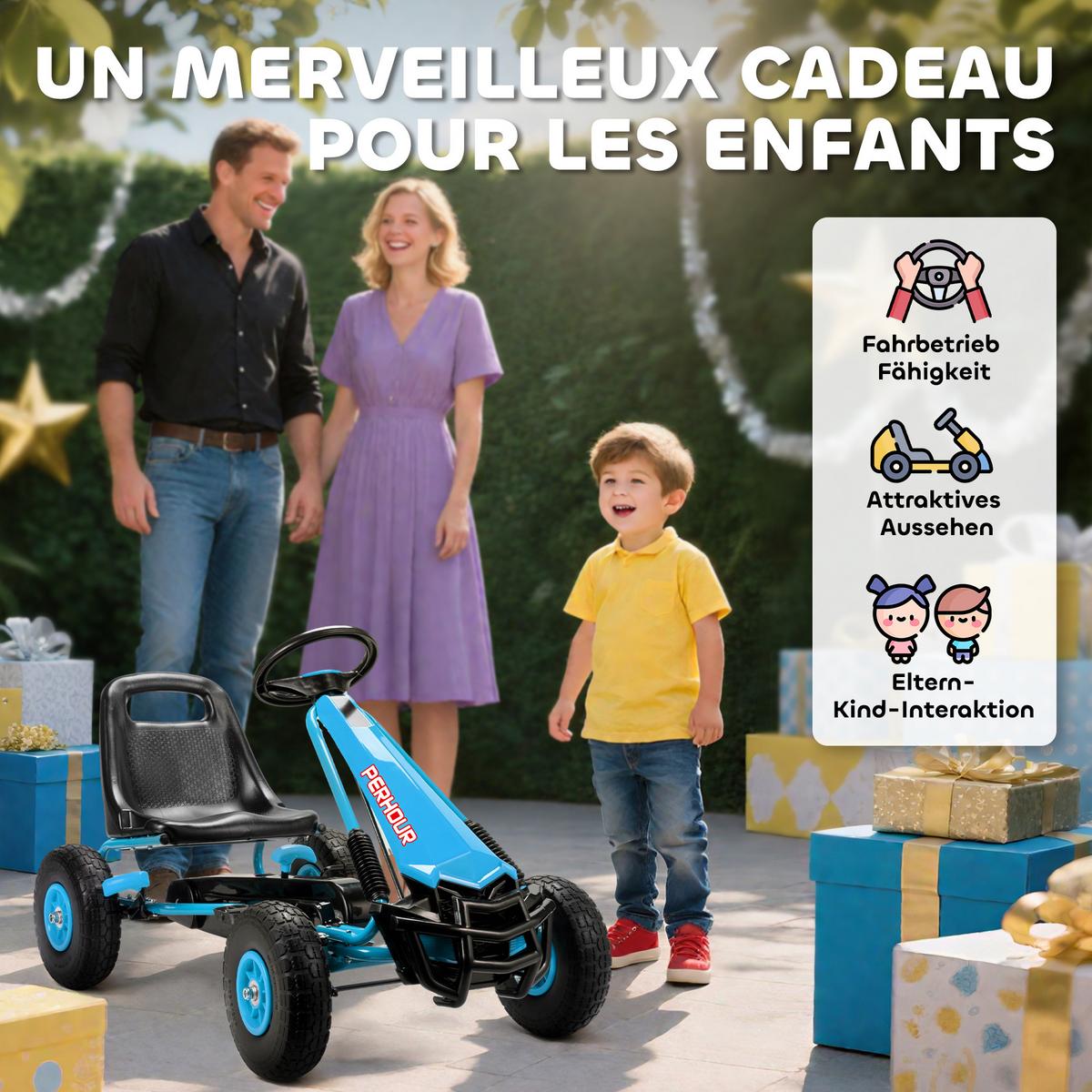GOKART, Tretauto mit Handbremse, verstellbarem Sitz, Vor- und Rückwärtsgang - Blau, Metall (110/61/62cm) - AIYAPLAY