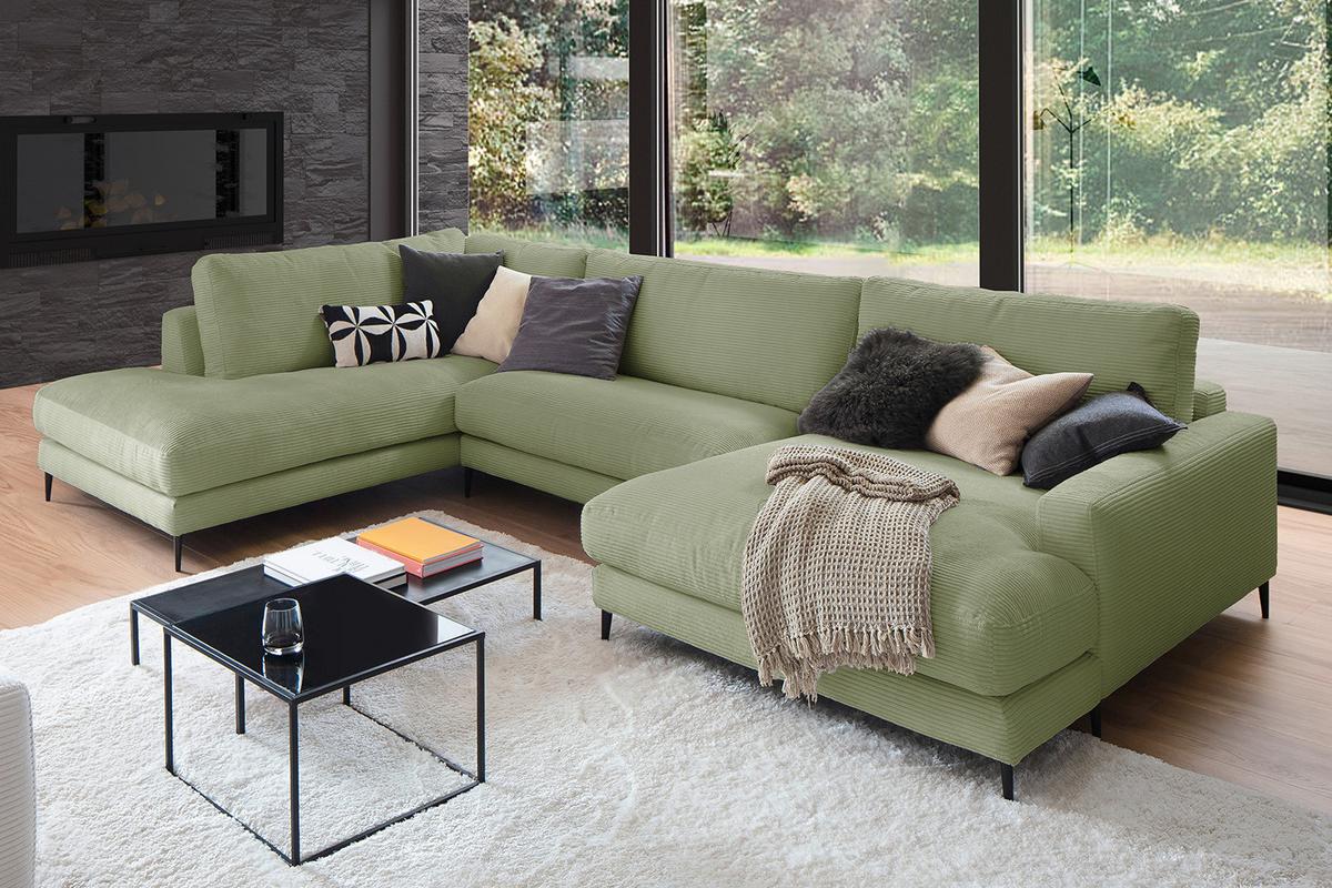 WOHNLANDSCHAFT CARA Grün Cord - Schwarz/Olivgrün, Textil (341/84/223cm) - KAWOLA