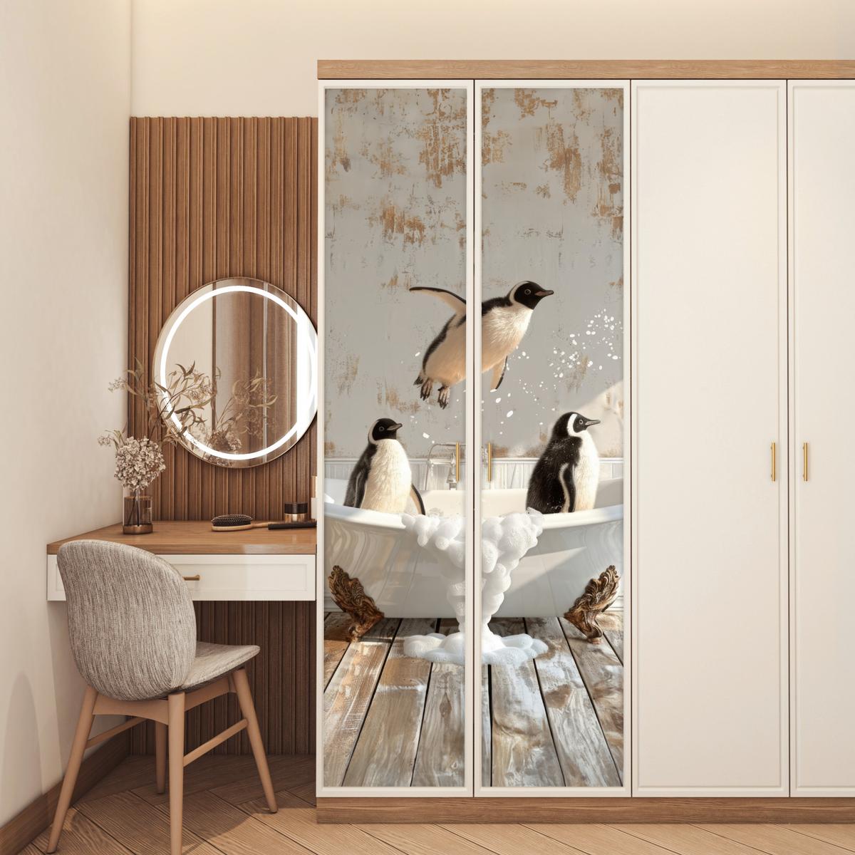 TÜRAUFKLEBER Vintage - Pinguin - Badewanne - Schaumstoff 80x215 cm - Türtapete - Hellbraun, Kunststoff (80/0.1cm) - MuchoWow
