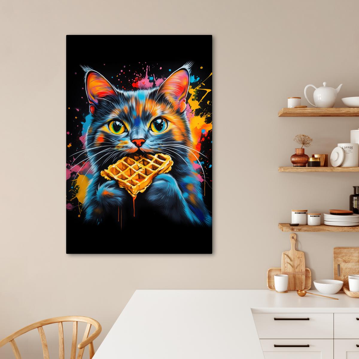 LEINWANDBILD Katze - Graffiti - Bunt - Waffel - Essen Deko XXL 80x120 cm - Türkis, Textil (80/120cm) - MuchoWow