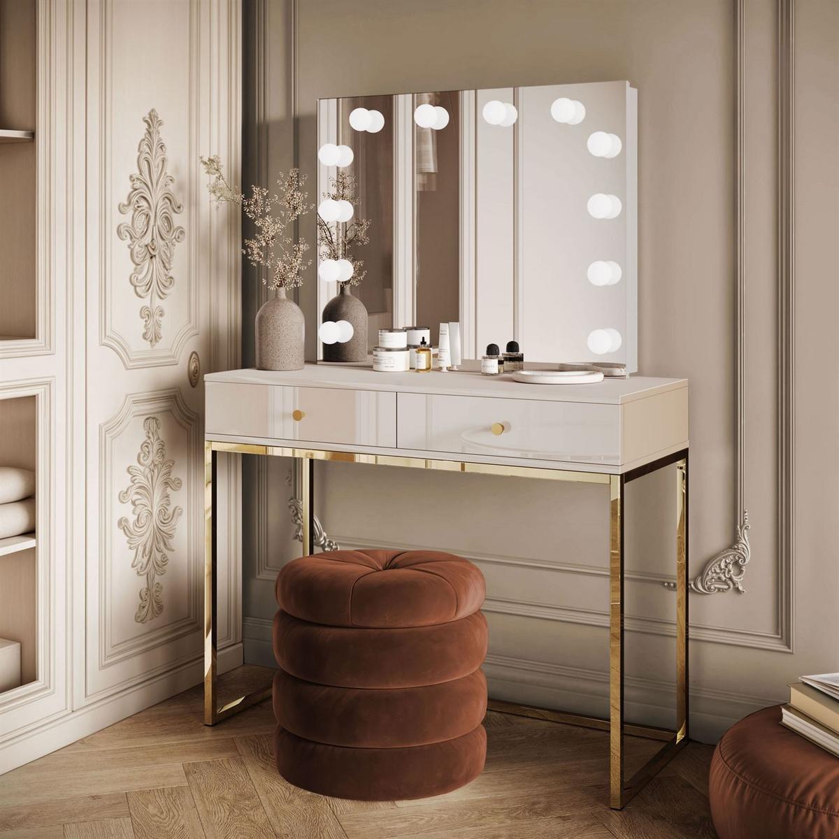 SCHMINKTISCH BLANCO KASCHMIR ELITE mit Spiegel und Beleuchtung goldener Chrom goldener Griff - Ecru, Holzwerkstoff (100/81/42cm) - Lookway