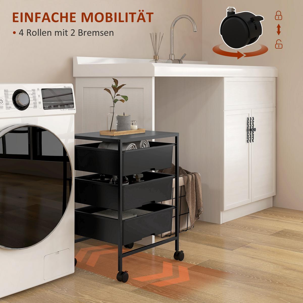 ROLLWAGEN, Servierwagen mit 3 Etagen, 40,8 x 33,5 x 60,5 cm, Schwarz - Schwarz, Metall (33.5/60.5/40.8cm) - HOMCOM