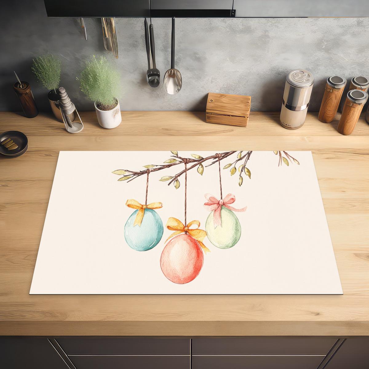 HERDABDECKPLATTE Osterkuchen - Schleife - Eier Ceranfeldabdeckung 80x52 cm - Creme, Kunststoff (80/52/0.2cm) - MuchoWow